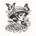 mushroom girl in front of Smokey melting eyes and butterflies around tattoo design idea