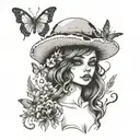 mushroom girl in front of Smokey melting eyes and butterflies around tattoo design idea