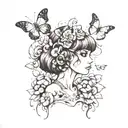 mushroom girl in front of Smokey melting eyes and butterflies around tattoo design idea