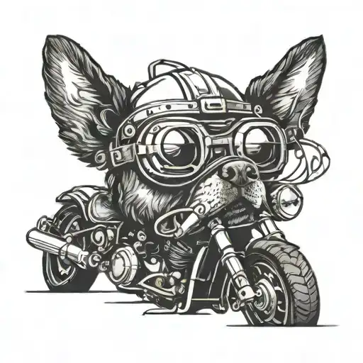 A blackwork tattoo of a dog wearing a motorcycle helmet and goggles tattoo design idea