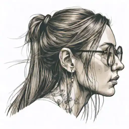 skinny girl in profile, very long aquiline nose, glasses, long straight brown hair, thin lips, having pleasure tattoo design idea