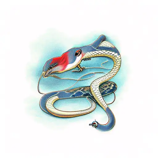 snake killing bird with 100 dollar bills around it tattoo design idea