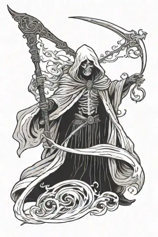 A Dark Tall Reaper in a Cloak Looking At you Pointing and holding a Long Scythe tattoo design idea