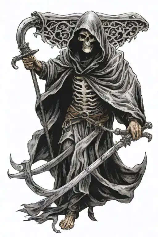 A Dark Tall Reaper in a Cloak Looking At you Pointing and holding a Long Scythe tattoo design idea