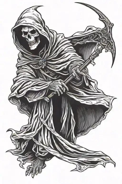 A Dark Tall Reaper in a Cloak Looking At you Pointing and holding a Long Scythe tattoo design idea