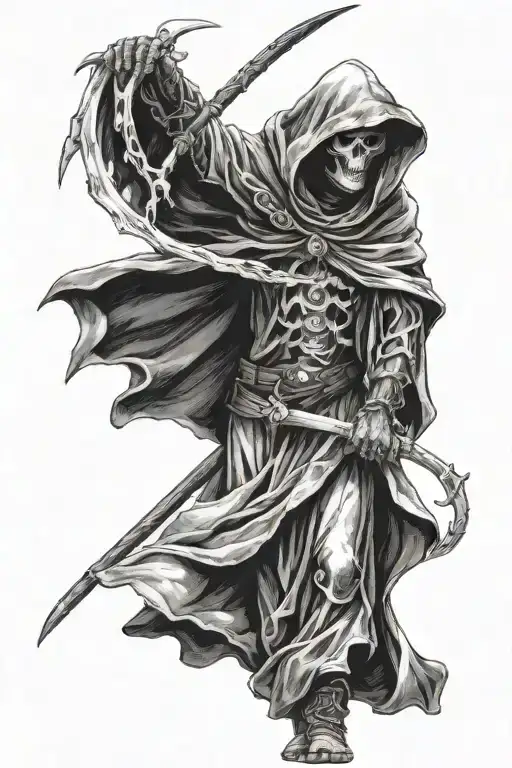 A Dark Tall Reaper in a Cloak Looking At you Pointing and holding a Long Scythe tattoo design idea