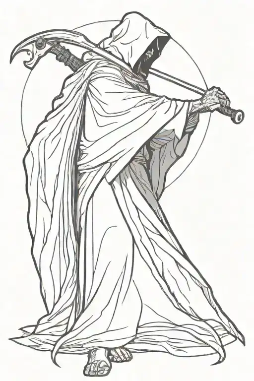 A Dark Tall Reaper in a Cloak Looking At you Pointing and holding a Long Scythe tattoo design idea