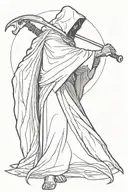 A Dark Tall Reaper in a Cloak Looking At you Pointing and holding a Long Scythe tattoo design idea
