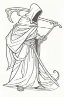 A Dark Tall Reaper in a Cloak Looking At you Pointing and holding a Long Scythe tattoo design idea