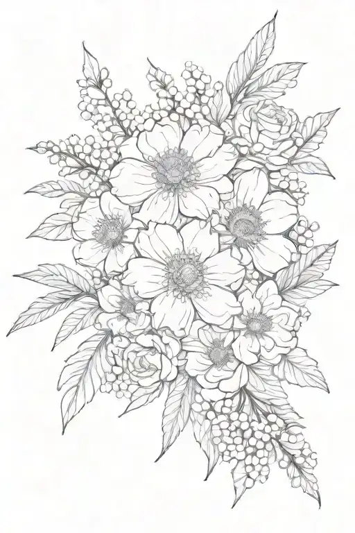 March, April, May, September, October, November birth flower bouquet tattoo design idea