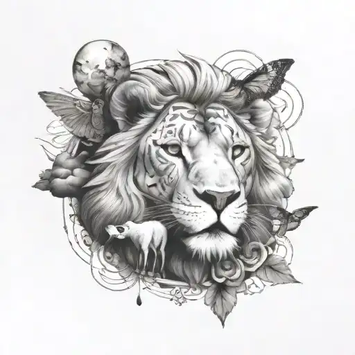 sleep token themed tattoo featuring rain cloud, moth, lion, lamb, fire, glass tattoo design idea