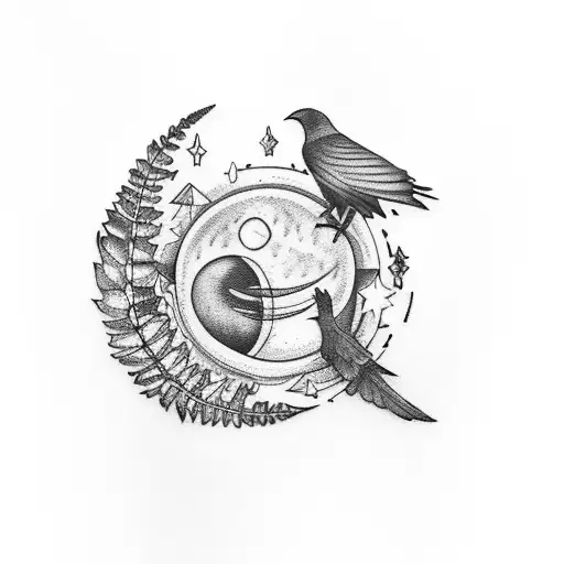 Thigh tattoo in illustrative style with a black band, a crow, fern leaves, and crescent moon tattoo design idea
