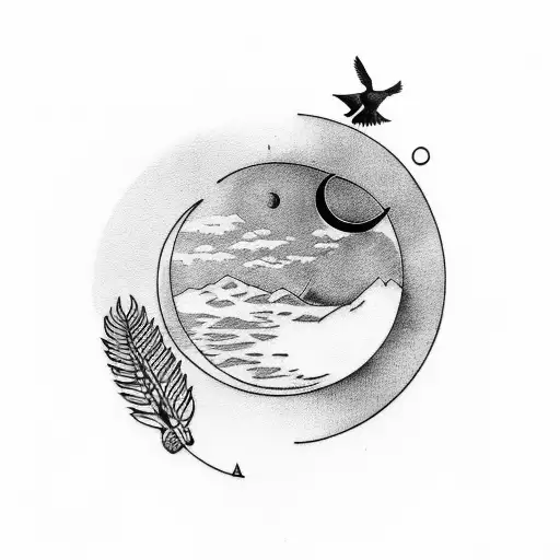 Thigh tattoo in illustrative style with a black band, a crow, fern leaves, and crescent moon tattoo design idea