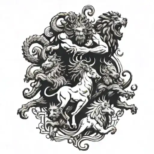 Greek mythology Include hydra , nemeon lion , Argo , Minotaur , Pegasus ,Cerberus, stymphalian birds tattoo design idea