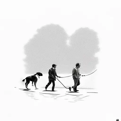 man walking two dogs in a river  tattoo design idea