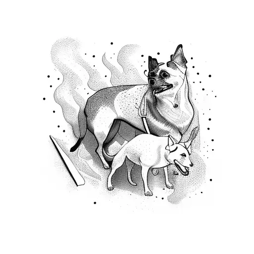 man backwards walking two dogs in a river  tattoo design idea