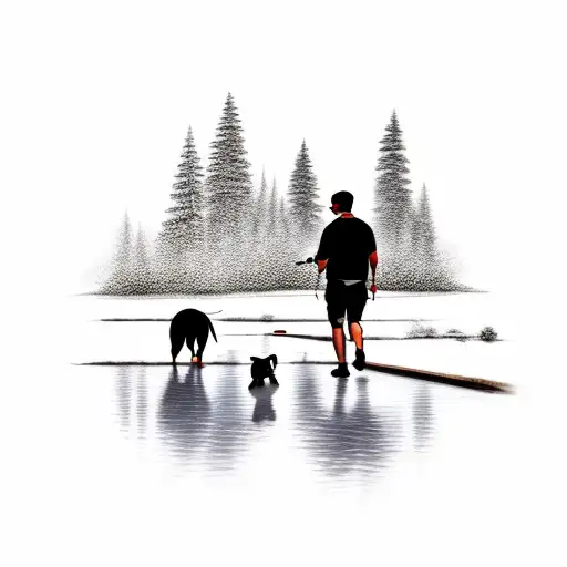 man walking two dogs in a river  tattoo design idea