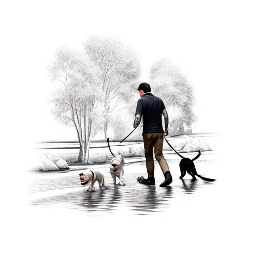 man walking two dogs in a river  tattoo design idea