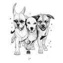 man backwards walking two dogs in a river  tattoo design idea