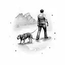 man backwards walking two dogs in a river  tattoo design idea