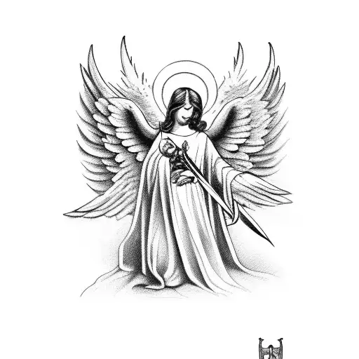 angel with sword in hand and cross on top tattoo design idea