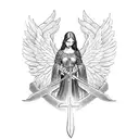 angel with sword in hand and cross on top tattoo design idea