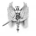angel with sword in hand and cross on top tattoo design idea