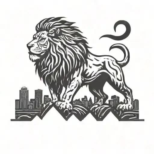 A majestic lion roaring in the foreground, with the skyline of Accra, Ghana in the background tattoo design idea