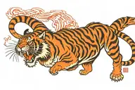 an attacking Tiger full body with red sun in the background tattoo design idea