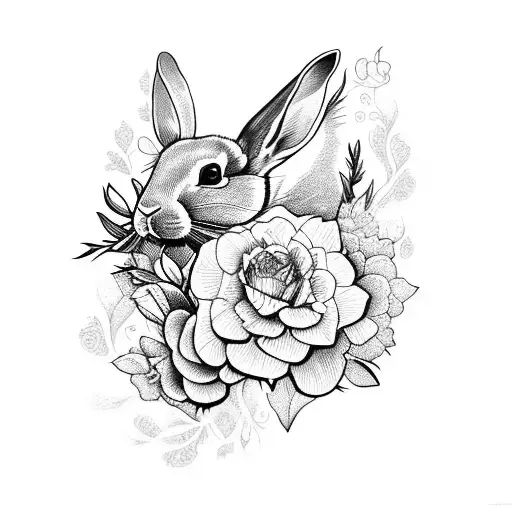 black and white rabbit with flowers inside tattoo design idea