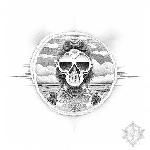 A serene beach scene with a motorcycle parked on the shore tattoo design idea