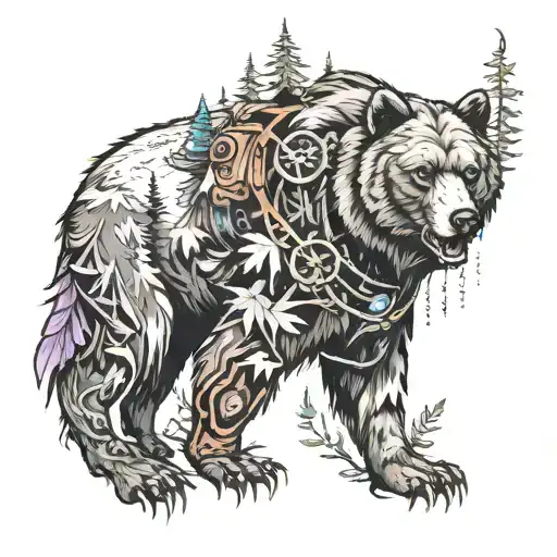 wild forest, hunter, grizzly bear wolf, Caterpillar equipment and welding  tattoo design idea