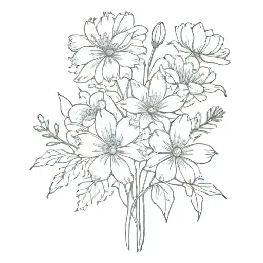 fine line tattoo of a bouquet of birth flowers including a chrysanthemum, marigold, cosmos, gladiolus, snowdrop, delphin tattoo design idea