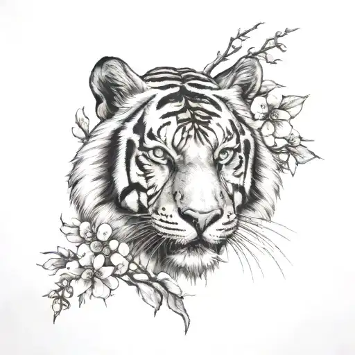 tiger head with Japanese cherry blossom tattoo design idea