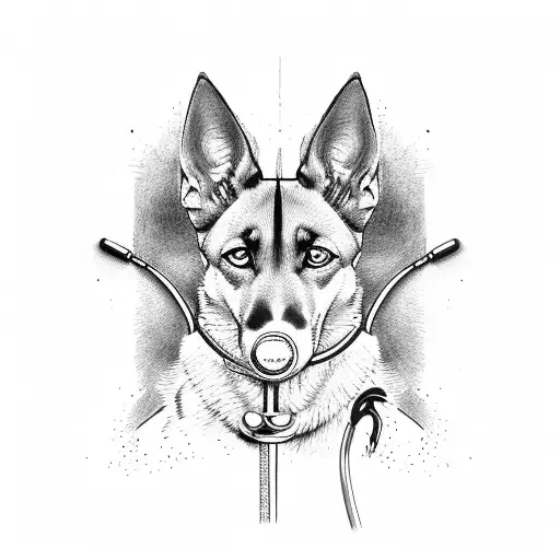A stethoscope intertwined with a leash, leading to a Malinois walking on hind legs tattoo design idea