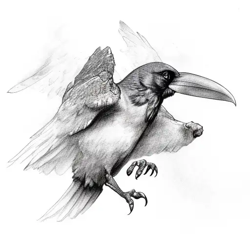 attacking raven, wings spread, paws trying to grab hold, beak slightly open tattoo design idea