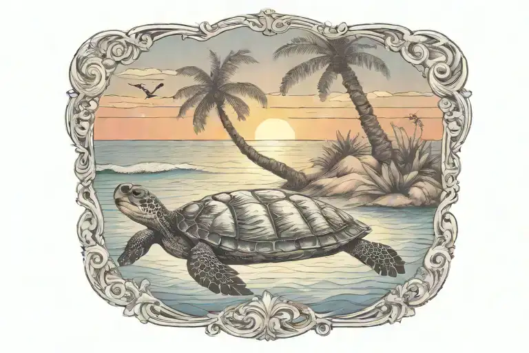 turtle sunset palm tree ocean scene tattoo design idea