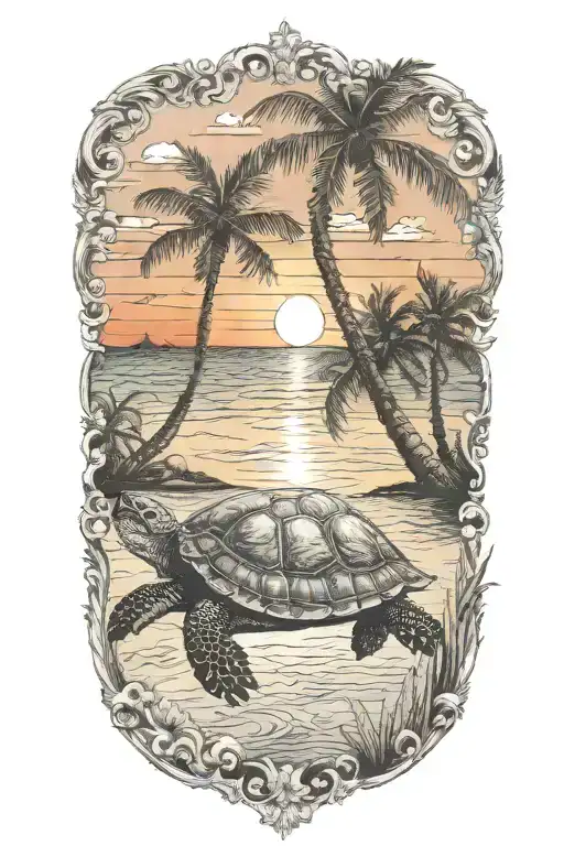 turtle sunset palm tree ocean scene tattoo design idea