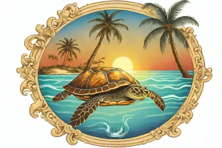 turtle sunset palm tree ocean scene tattoo design idea