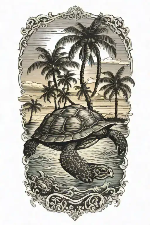 turtle sunset palm tree ocean scene tattoo design idea
