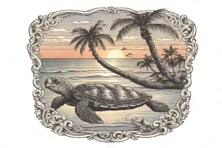 turtle sunset palm tree ocean scene tattoo design idea