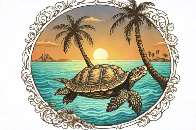 turtle sunset palm tree ocean scene tattoo design idea