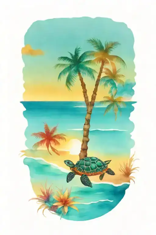 turtle sunset palm tree ocean scene tattoo design idea