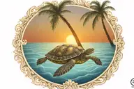 turtle sunset palm tree ocean scene tattoo design idea