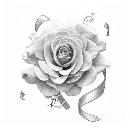 Cancer ribbon with 2 chrysanthemums, a rose and a larkspur flower around it  tattoo design idea