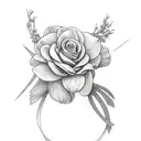 Cancer ribbon with 2 chrysanthemums, a rose and a larkspur flower around it  tattoo design idea