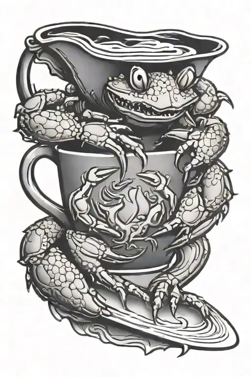 Crab surfing holding mug of coffee tattoo design idea