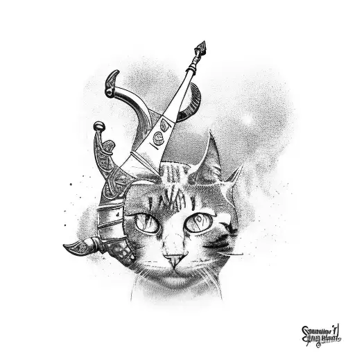 A silhouette of your wife, Sam, playing a Viking instrument, surrounded by your pets Maggie, Gerty, and kitty bum. tattoo design idea