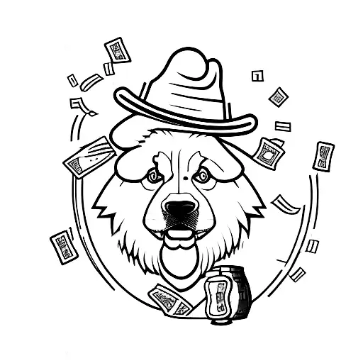 A samoyed dog wearing a trader's hat and surrounded by whiskey barrels and money bags tattoo design idea