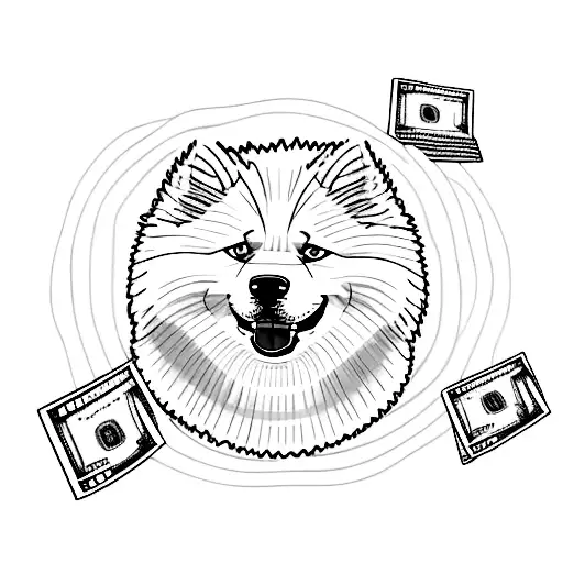 A samoyed dog sitting on a pile of money surrounded by trading charts and graphs tattoo design idea